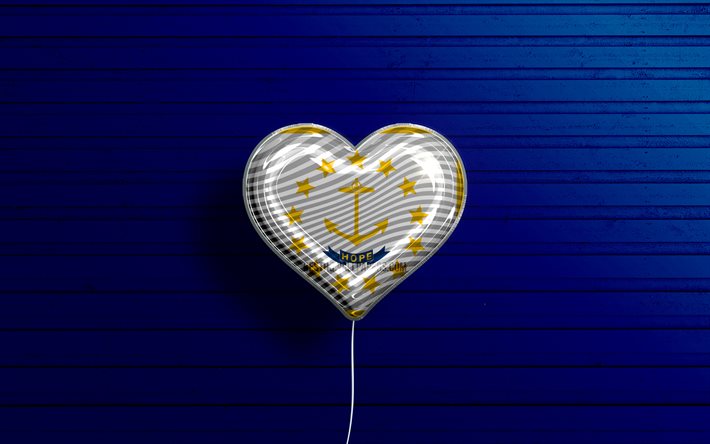 I Love Rhode Island, 4k, realistic balloons, blue wooden background, United States of America, Florida flag heart, flag of Rhode Island, balloon with flag, American states, Love Rhode Island, USA