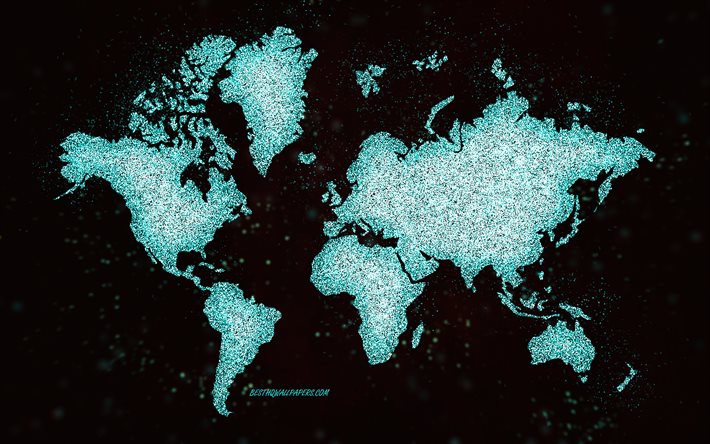 Mappa glitter del mondo, sfondo nero, mappa del mondo, arte glitter blu, concetti di mappa del mondo, arte creativa, mappa blu del mondo, mappa dei continenti