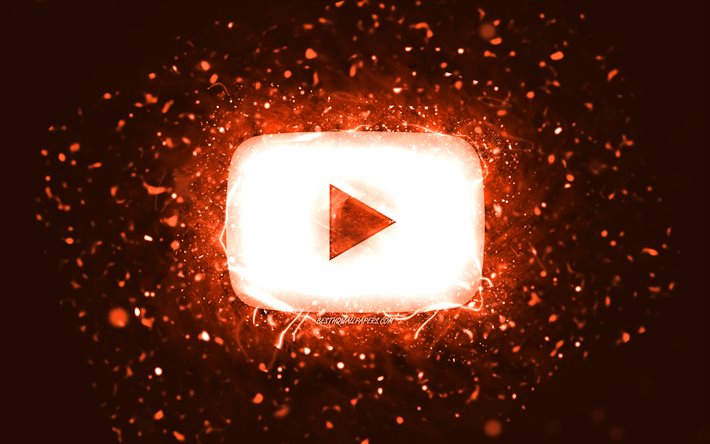 Youtube turuncu logo, 4k, turuncu neon ışıklar, sosyal ağ, yaratıcı, turuncu soyut arka plan, Youtube logosu, Youtube