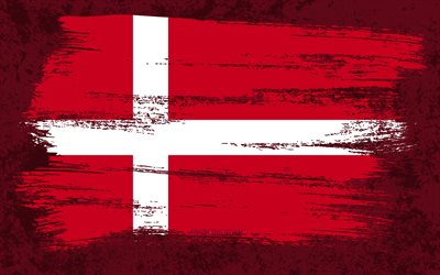 4k, Flag of Denmark, grunge flags, European countries, national symbols, brush stroke, Danish flag, grunge art, Denmark flag, Europe, Denmark