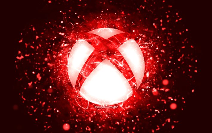 Xbox kırmızı logosu, 4k, kırmızı neon ışıklar, yaratıcı, kırmızı arka plan, Xbox logosu, İşletim Sistemi, Xbox