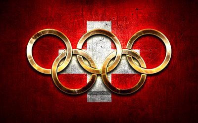İsviçre olimpiyat takımı, altın olimpiyat halkaları, İsviçre Olimpiyatları, yaratıcı, İsviçre bayrağı, metal arka plan, İsviçre Olimpiyat Takımı