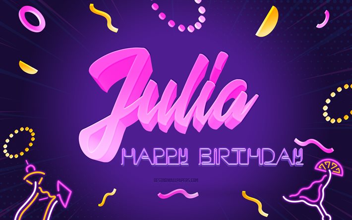 Hyvää syntymäpäivää Julia, 4k, Violetti osapuolen tausta, Julia, luova taide, Hyvää Julian syntymäpäivää, Julian nimi, Julian syntymäpäivä, Syntymäpäiväjuhlien tausta