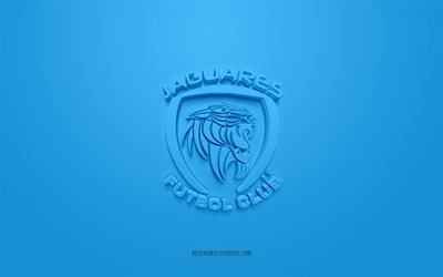 Jaguares de Cordoba, creative 3D logo, blue background, 3d emblem, Colombian football club, Categoria Primera A, Monteria, Colombia, 3d art, football, Jaguares de Cordoba 3d logo