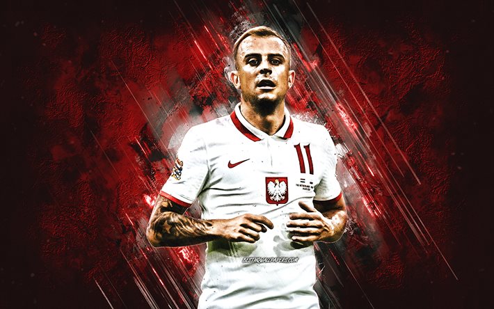 Kamil Grosicki, Puolan jalkapallomaajoukkue, puolalainen jalkapalloilija, muotokuva, punainen kivi tausta, jalkapallo, Puola
