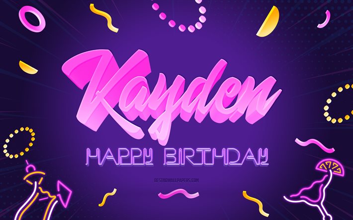 Happy Birthday Kayden, 4k, Purple Party Background, Kayden, creative art, Happy Kayden birthday, Kayden name, Kayden Birthday, Birthday Party Background