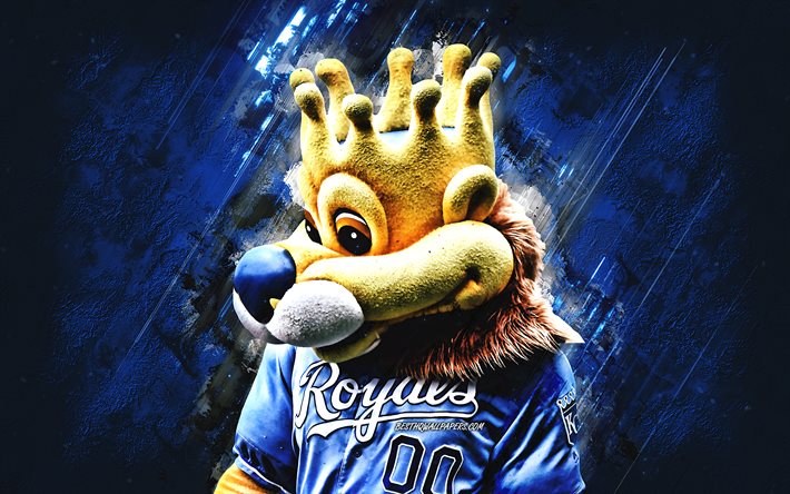 Sluggerrr, Kansas City Royals mascot, blue stone background, Major League Baseball, USA, Sluggerrr mascot, Kansas City Royals