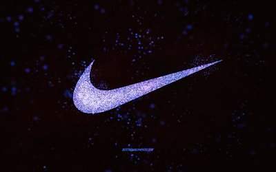 Logotipo com glitter da Nike, fundo preto, logotipo da Nike, arte com glitter roxo, Nike, arte criativa, logotipo com glitter roxo da Nike