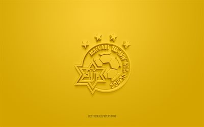 マッカビテルアビブFC, クリエイティブな3Dロゴ, 黄色の背景, 3Dエンブレム, イスラエルのサッカークラブ, イスラエルプレミアリーグ, テルアビブ, イスラエル, 3Dアート, フットボール。, マッカビテルアビブFC3dロゴ