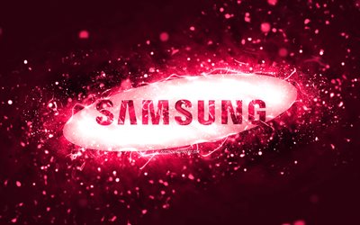 Samsung pink logo, 4k, pink neon lights, creative, pink abstract background, Samsung logo, brands, Samsung