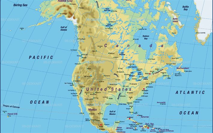 Geographic map of North America, USA map, North America continent, Canada map, Mexico map, Geographic map of USA