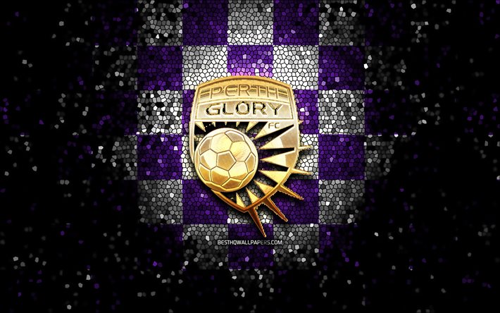 Perth Glory FC, glitterlogotyp, A-League, violett vit rutig bakgrund, fotboll, australisk fotbollsklubb, Perth Glory-logotyp, Australien, mosaikkonst, Perth Glory
