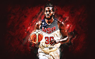 Kawhi Leonard, USA national basketball team, USA, American basketball player, portrait, United States Basketball team, red stone background