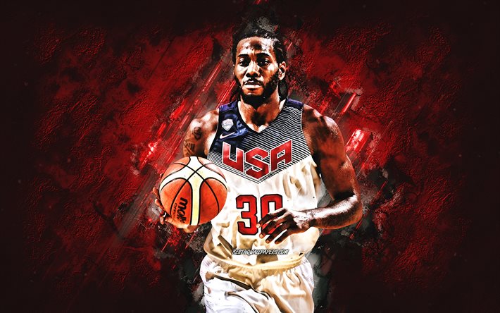 Kawhi Leonard, squadra nazionale di basket USA, USA, giocatore di basket americano, ritratto, squadra di basket degli Stati Uniti, sfondo di pietra rossa