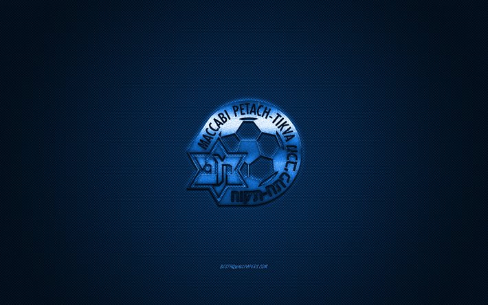 maccabi petah tikva fc, israelischer fu&#223;ballverein, blaues logo, blauer kohlefaserhintergrund, israelische premier league, fu&#223;ball, petah tikva, israel, maccabi petah tikva fc-logo