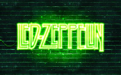 Logotipo verde do Led Zeppelin, 4k, parede de tijolos verdes, banda de rock brit&#226;nica, logotipo do Led Zeppelin, estrelas da m&#250;sica, logotipo de n&#233;on do Led Zeppelin, Led Zeppelin