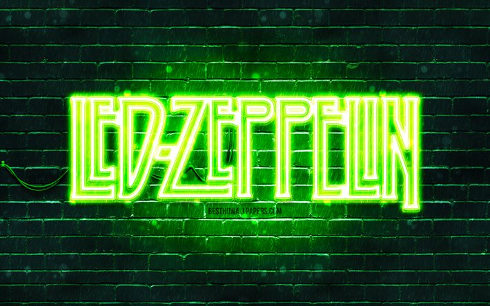 Logo vert Led Zeppelin, 4k, brickwall vert, groupe de rock britannique, logo Led Zeppelin, stars de la musique, logo n&#233;on Led Zeppelin, Led Zeppelin
