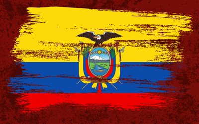 4k, Bandeira do Equador, bandeiras do grunge, pa&#237;ses da Am&#233;rica do Sul, s&#237;mbolos nacionais, pincelada, bandeira do Equador, arte do grunge, Am&#233;rica do Sul, Equador