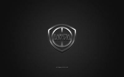Lancia-logo, hopea-logo, harmaa hiilikuitutausta, Lancia-metallinen tunnus, Lancia, automerkit, luovaa taidetta