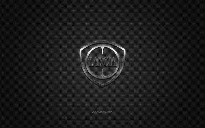 Lancia-logo, hopea-logo, harmaa hiilikuitutausta, Lancia-metallinen tunnus, Lancia, automerkit, luovaa taidetta