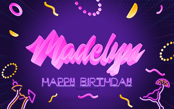 Grattis p&#229; f&#246;delsedagen Madelyn, 4k, Purple Party Background, Madelyn, kreativ konst, Happy Madelyn f&#246;delsedag, Madelyn namn, Madelyn f&#246;delsedag, Birthday Party bakgrund