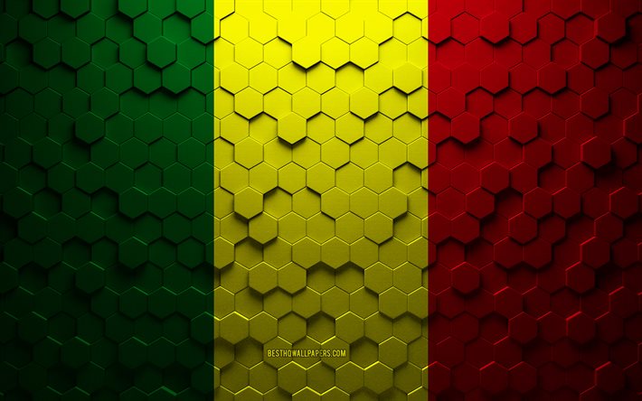 Bandiera del Mali, arte a nido d&#39;ape, bandiera di esagoni del Mali, Mali, arte di esagoni 3d, bandiera del Mali