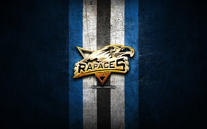 Rapaces de Gap, altın logo, Ligue Magnus, mavi metal arka plan, fransız hokey takımı, fransız hokey ligi, Rapaces de Gap logosu, hokey