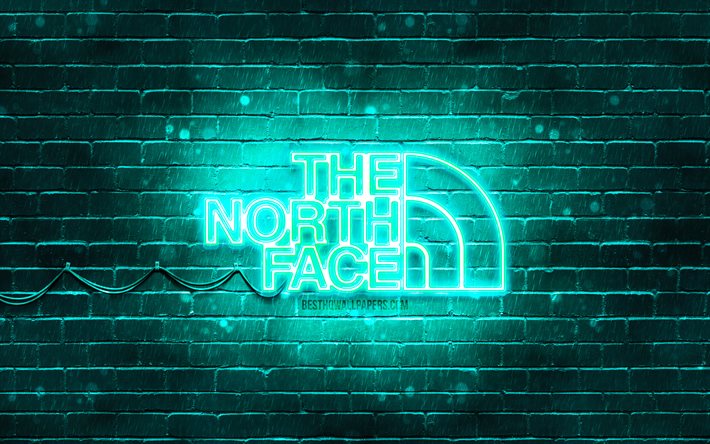 Logotipo turquesa The North Face, 4k, parede de tijolos turquesa, logotipo The North Face, marcas, logotipo de n&#233;on The North Face, The North Face