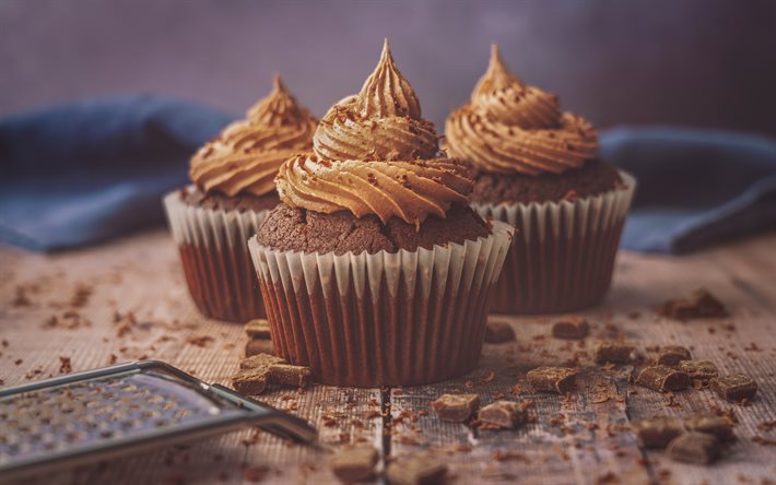 chocolate muffins with cream, muffins, chocolate cream, pastries, cakes