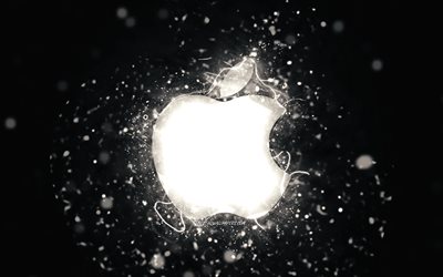 Apple white logo, 4k, white neon lights, creative, black abstract background, Apple logo, brands, Apple