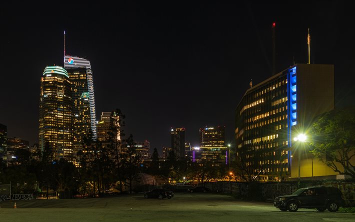 Los Angeles, grattacieli, notte, edifici moderni, paesaggio urbano di Los Angeles, California, USA