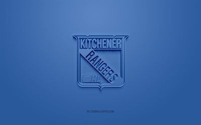 Kitchener Rangers, yaratıcı 3D logo, mavi arka plan, OHL, 3d amblem, Kanada Hokey Takımı, Ontario Hokey Ligi, Ontario, Kanada, 3d sanat, hokey, Kitchener Rangers 3d logosu