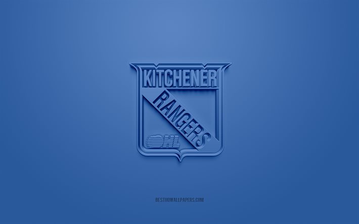 kitchener rangers, kreatives 3d-logo, blauer hintergrund, ohl, 3d-emblem, kanadisches hockeyteam, ontario hockey league, ontario, kanada, 3d-kunst, hockey, kitchener rangers 3d-logo
