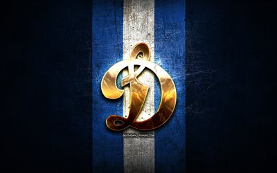 HC Dynamo Moscow, logotipo dourado, KHL, fundo de metal azul, time de h&#243;quei russo, Kontinental Hockey League, logotipo do Dynamo Moscow, h&#243;quei, Dynamo Moscow