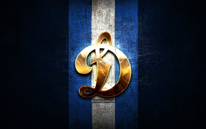 HC Dynamo Moscou, logo dor&#233;, KHL, fond m&#233;tal bleu, &#233;quipe de hockey russe, Ligue continentale de hockey, logo Dynamo Moscou, hockey, Dynamo Moscou