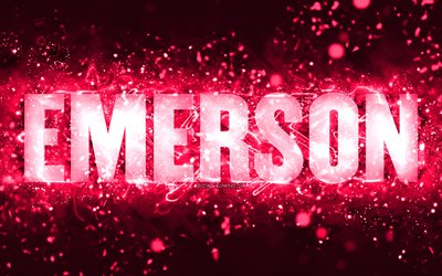 Happy Birthday Emerson, 4k, pink neon lights, Emerson name, creative, Emerson Happy Birthday, Emerson Birthday, popular american female names, picture with Emerson name, Emerson