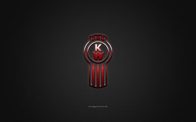 Kenworth logo, red logo, gray carbon fiber background, Kenworth metal emblem, Kenworth, cars brands, creative art