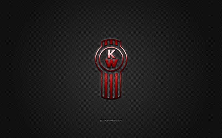  Descargar fondos de pantalla Logotipo de Kenworth, logotipo rojo, fondo gris de fibra de carbono, emblema de metal de Kenworth, Kenworth, marcas de automóviles, arte creativo libre.  Imágenes para escritorio gratis