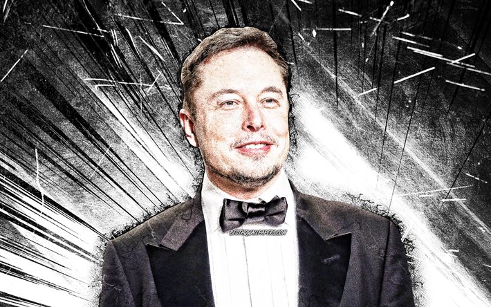 4k, Elon Musk, art grunge, ing&#233;nieurs am&#233;ricains, c&#233;l&#233;brit&#233; am&#233;ricaine, rayons abstraits blancs, Elon Reeve Musk, œuvres d&#39;art, Elon Musk 4K
