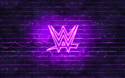 Logotipo violeta da WWE, 4k, parede de tijolos violeta, World Wrestling Entertainment, logotipo da WWE, marcas, logotipo de n&#233;on da WWE, WWE
