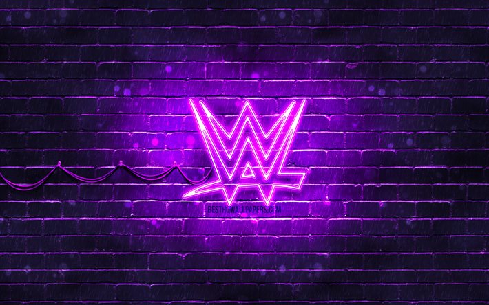 WWE violet logo, 4k, violet brickwall, World Wrestling Entertainment, WWE logo, brands, WWE neon logo, WWE