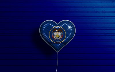 I Love Utah, 4K, palloncini realistici, fondo di legno blu, Stati Uniti d&#39;America, cuore della bandiera Utah, bandiera dello Utah, palloncino con bandiera, Stati americani, Love Utah, USA