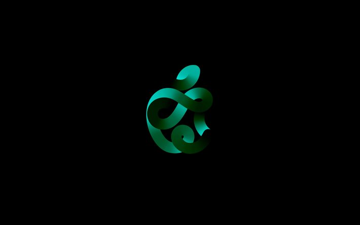 Apple turquoise logo, 4k, minimalism, black background, Apple abstract logo, Apple 3D logo, creative, Apple