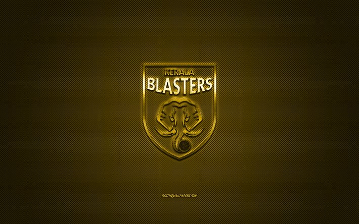 Kerala Blasters FC, club de football indien, logo jaune, fond jaune en fibre de carbone, Super League indienne, football, Kerala, Inde, logo Kerala Blasters FC