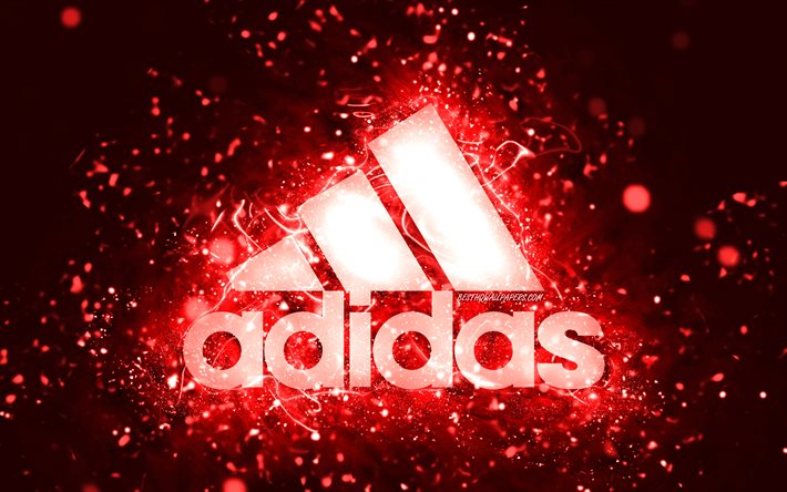 Adidas red logo, 4k, red neon lights, creative, red abstract background, Adidas logo, brands, Adidas