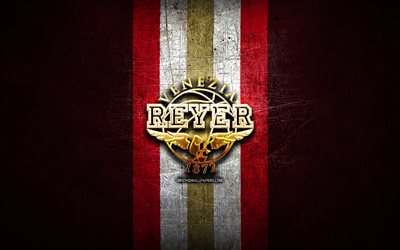 Reyer Venezia, logotipo dourado, LBA, fundo de metal roxo, clube de basquete italiano, Lega Basket Serie A, logotipo Reyer Venezia, basquete, SSP Reyer Venezia Mestre