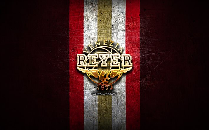 Reyer Venezia, gyllene logotyp, LBA, lila metallbakgrund, italiensk basketklubb, Lega Basket Serie A, Reyer Venezia-logotyp, basket, SSP Reyer Venezia Mestre