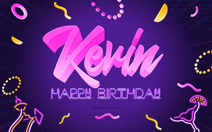 Happy Birthday Kevin, 4k, Purple Party Background, Kevin, creative art, Happy Kevin birthday, Kevin name, Kevin Birthday, Birthday Party Background