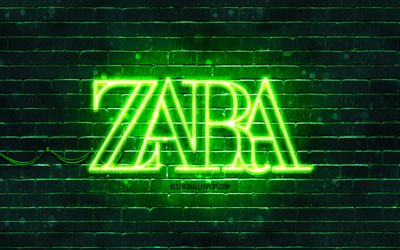 Logo verde Zara, 4k, muro di mattoni verde, logo Zara, marchi di moda, logo neon Zara, Zara