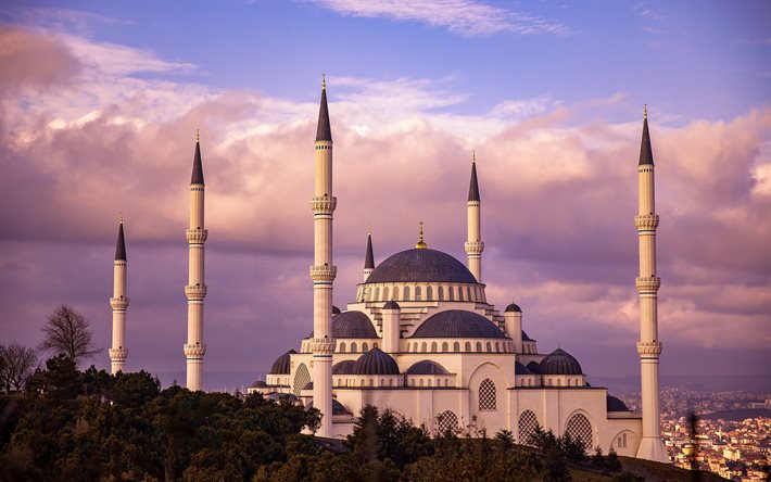 Moschea Camlica, Istanbul, sera, tramonto, moschea, paesaggio urbano di Istanbul, Turchia, la pi&#249; grande moschea della Turchia